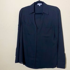 Black long sleeve two pocket button down blouse